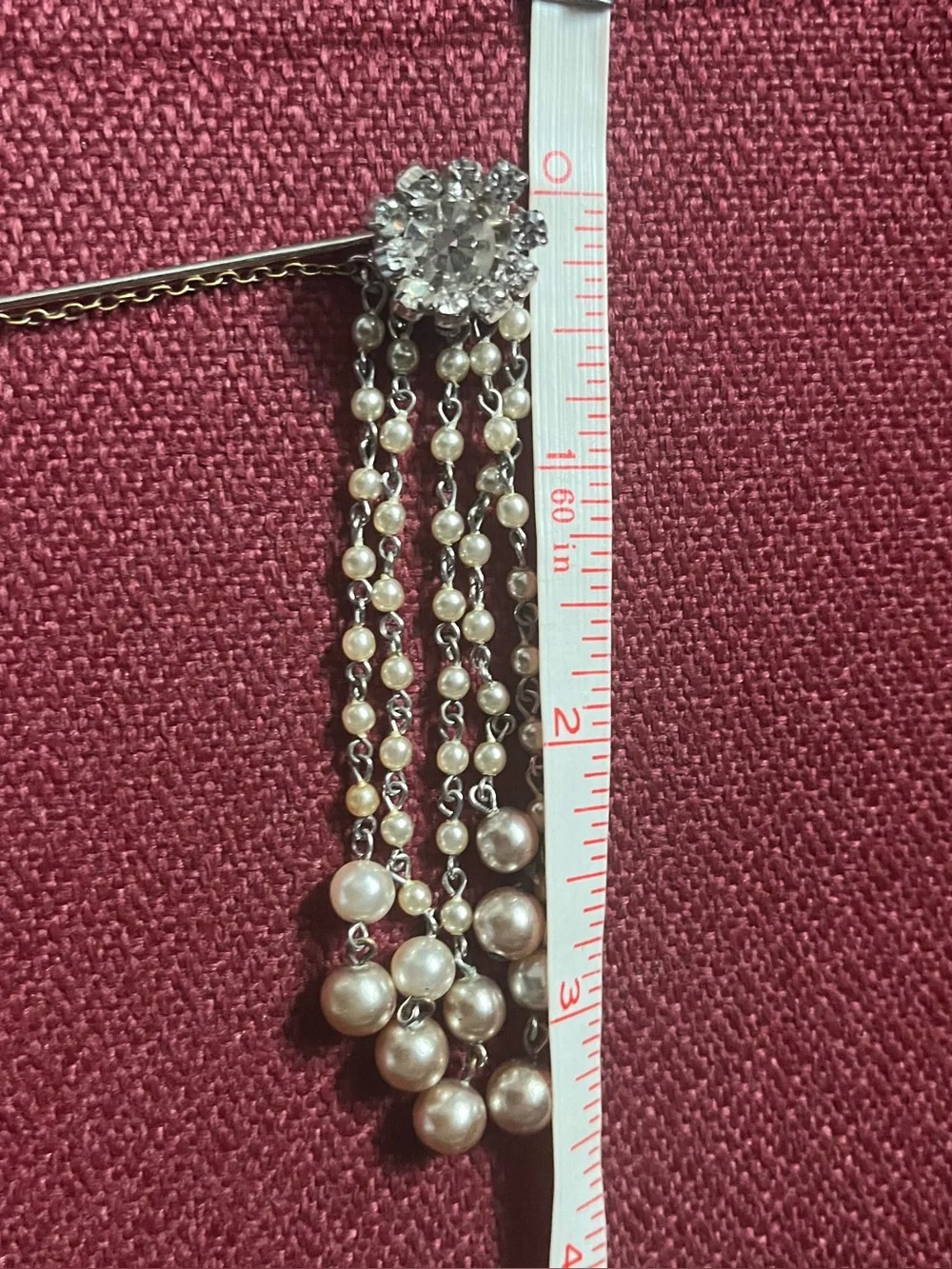 Vintage Italian Silver Tone Hanging Faux Pearls rhinestones Brooch Hat Pin